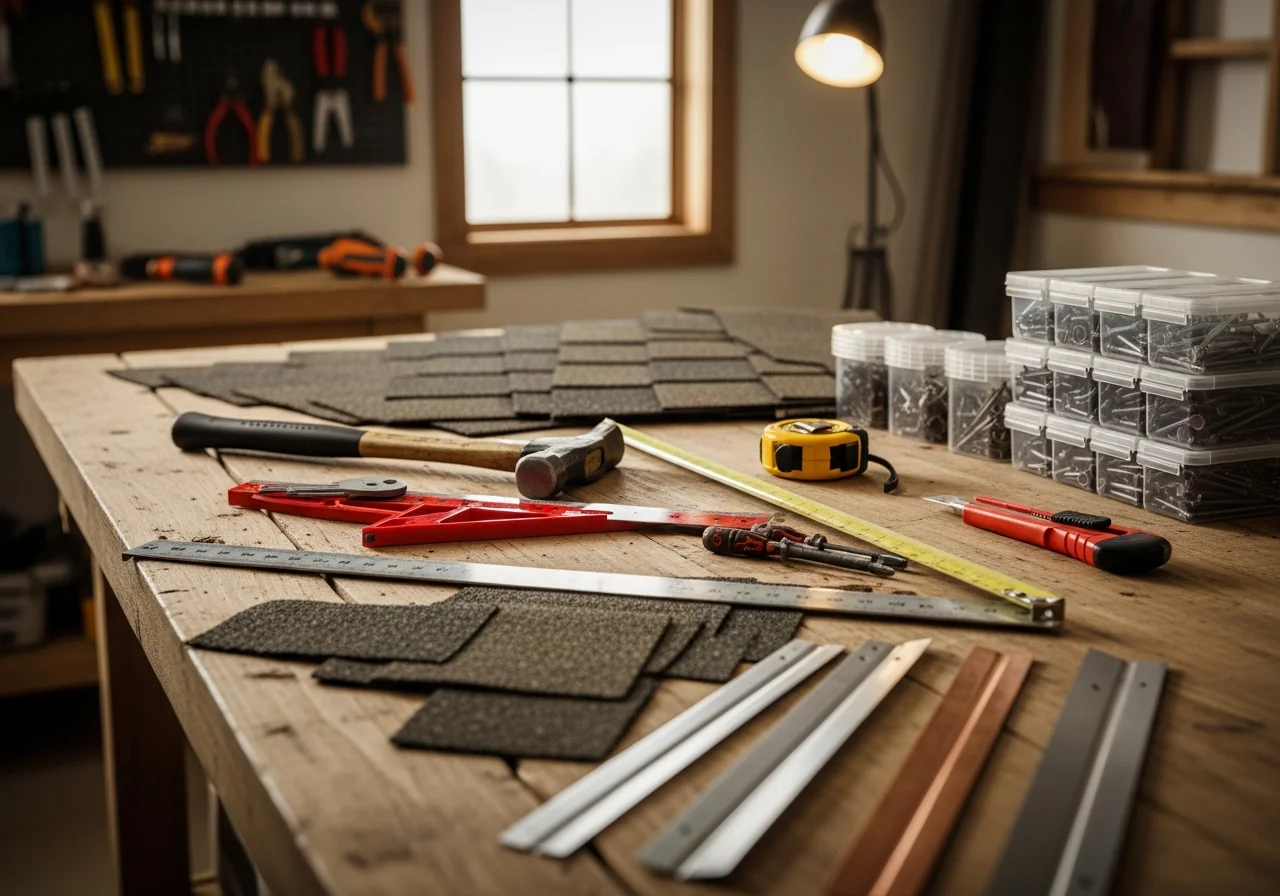 Contractor tools and equipment arranged on a work surface, representing roofing and remodeling services.