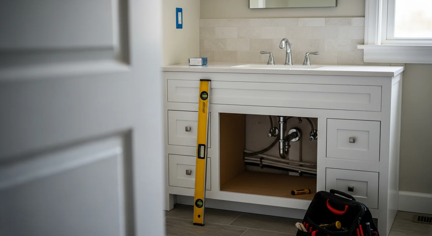 A newly installed bathroom vanity, sink, and faucet in a Beloit, WI home, with clean plumbing connections and finished trim visible. The bathroom shows updated fixtures against tile walls typical of a remodeled older Beloit residence.