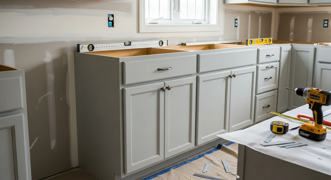 Newly installed white shaker kitchen cabinets with aligned doors and brushed hardware in a Beloit home kitchen. Base and wall cabinets are set flush against painted walls with visible toe-kick trim and a clean corner scribing detail.