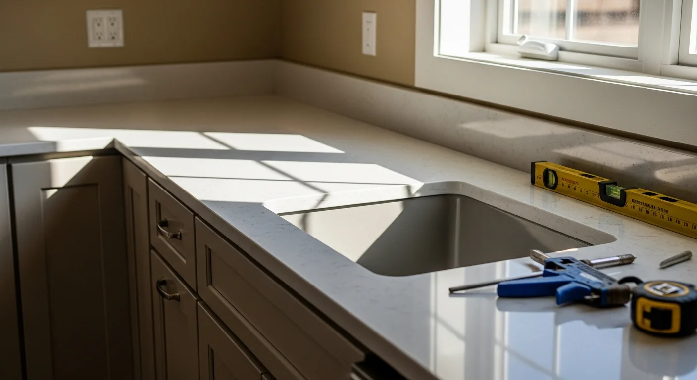 Newly installed countertop on white base cabinets in a Beloit, WI kitchen, showing a clean sink cutout and finished edge profile. The surface runs the full length of the cabinet run with no visible gaps at the wall.
