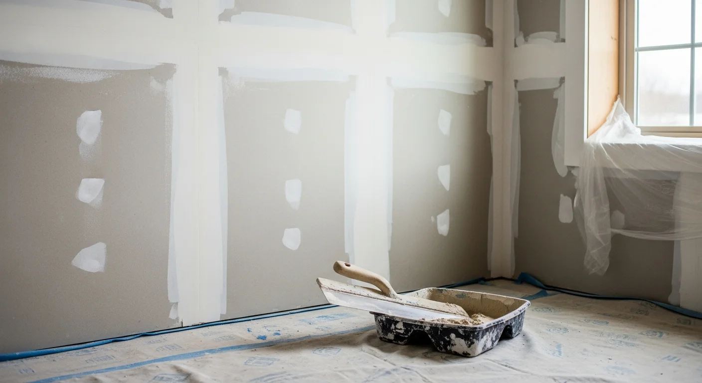 Freshly finished drywall walls and ceiling in a Beloit, Wisconsin home interior showing smooth, seam-free surfaces ready for paint. A remodeled room with clean corner bead work and level finish visible under natural light.