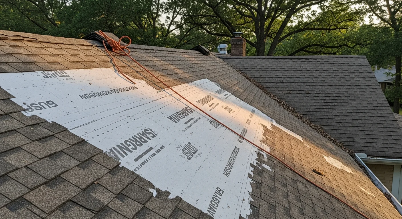 A Beloit residential rooftop showing storm-damaged shingles with missing granules and exposed decking after a hail event. A Techos Contracting crew member inspects the damaged section from the roof surface.