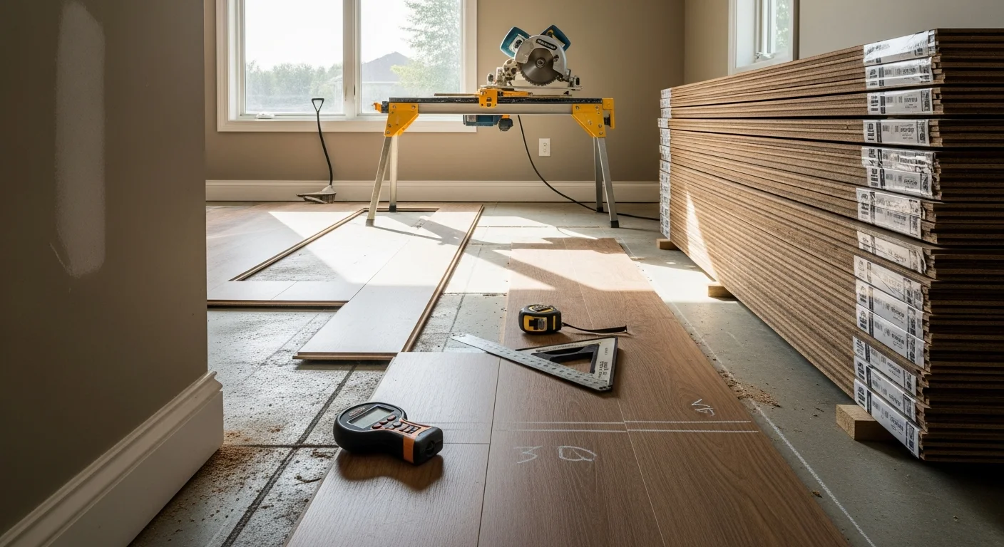 Freshly installed flooring in a single-family home in Beloit, WI, showing clean seams and a level surface running through a main living area. The room is empty and well-lit, with walls and trim visible, showing the completed installation before furniture is moved in.