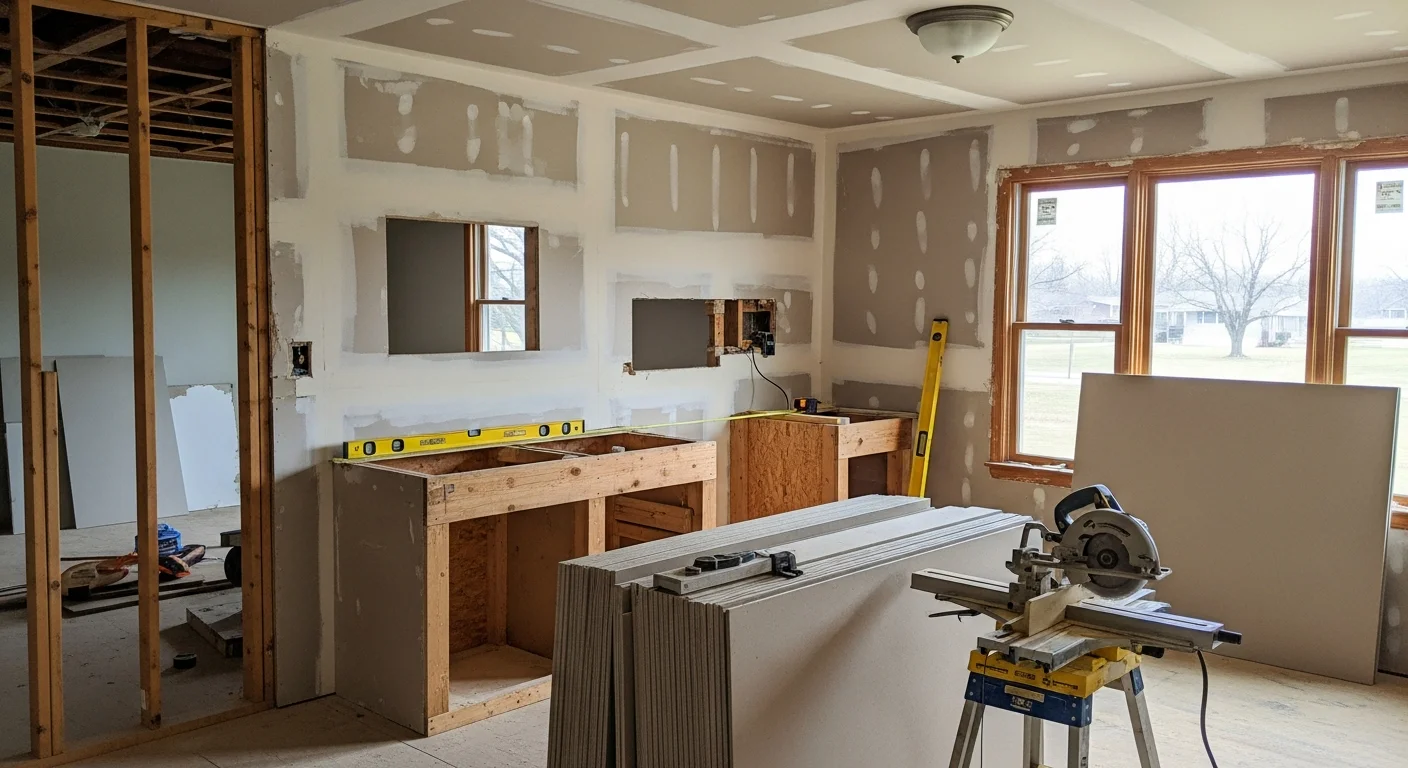 Renovated open-concept kitchen and living area inside a Beloit, Wisconsin home, showing new cabinetry, updated flooring, and fresh interior finishes. The space reflects a full interior home renovation completed by a local remodeling contractor.