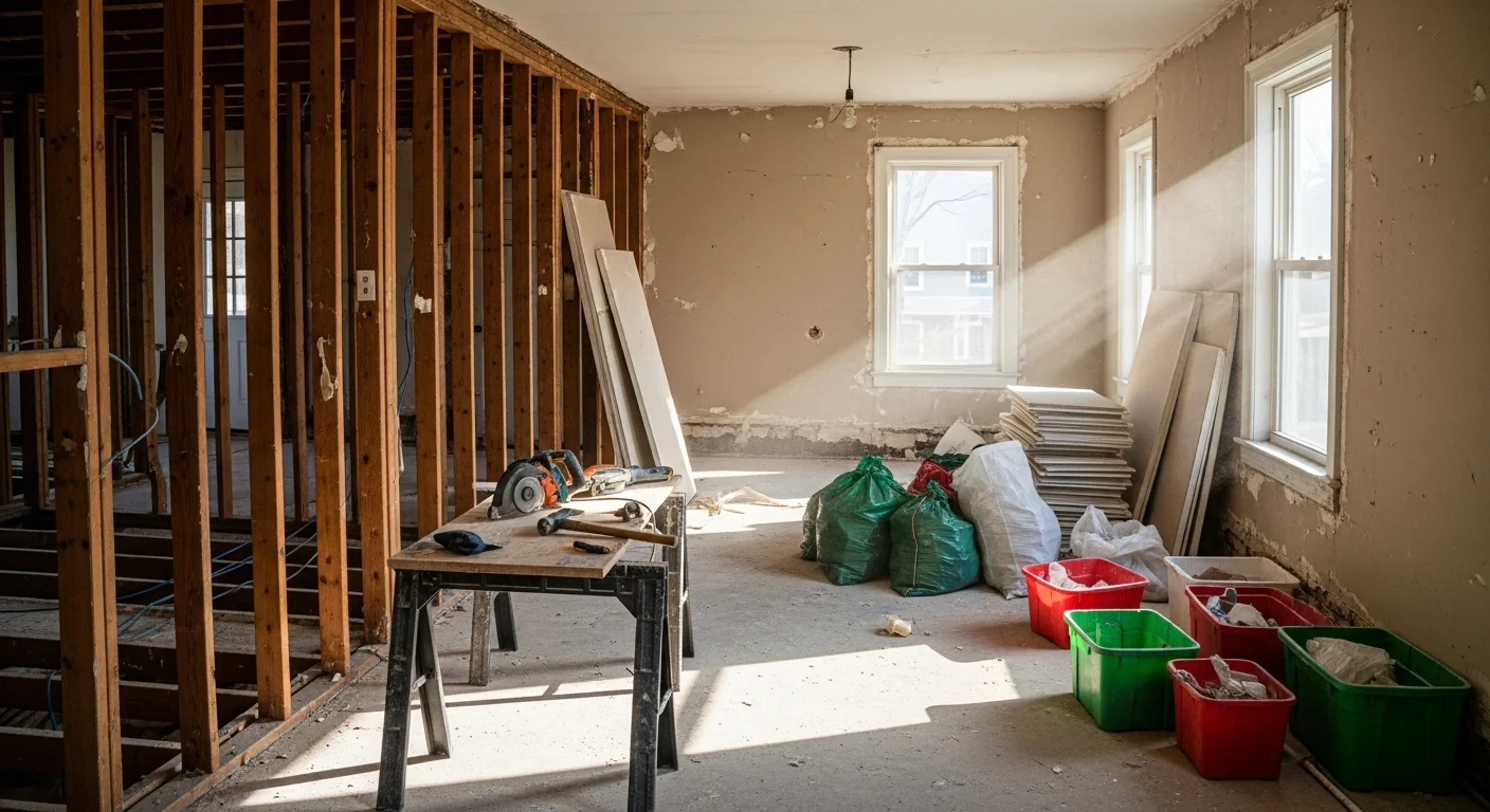 Interior of a Beloit home mid-demolition with walls stripped to the studs and flooring removed in preparation for a full kitchen remodel. Debris is staged for removal and the structural framing is fully exposed.