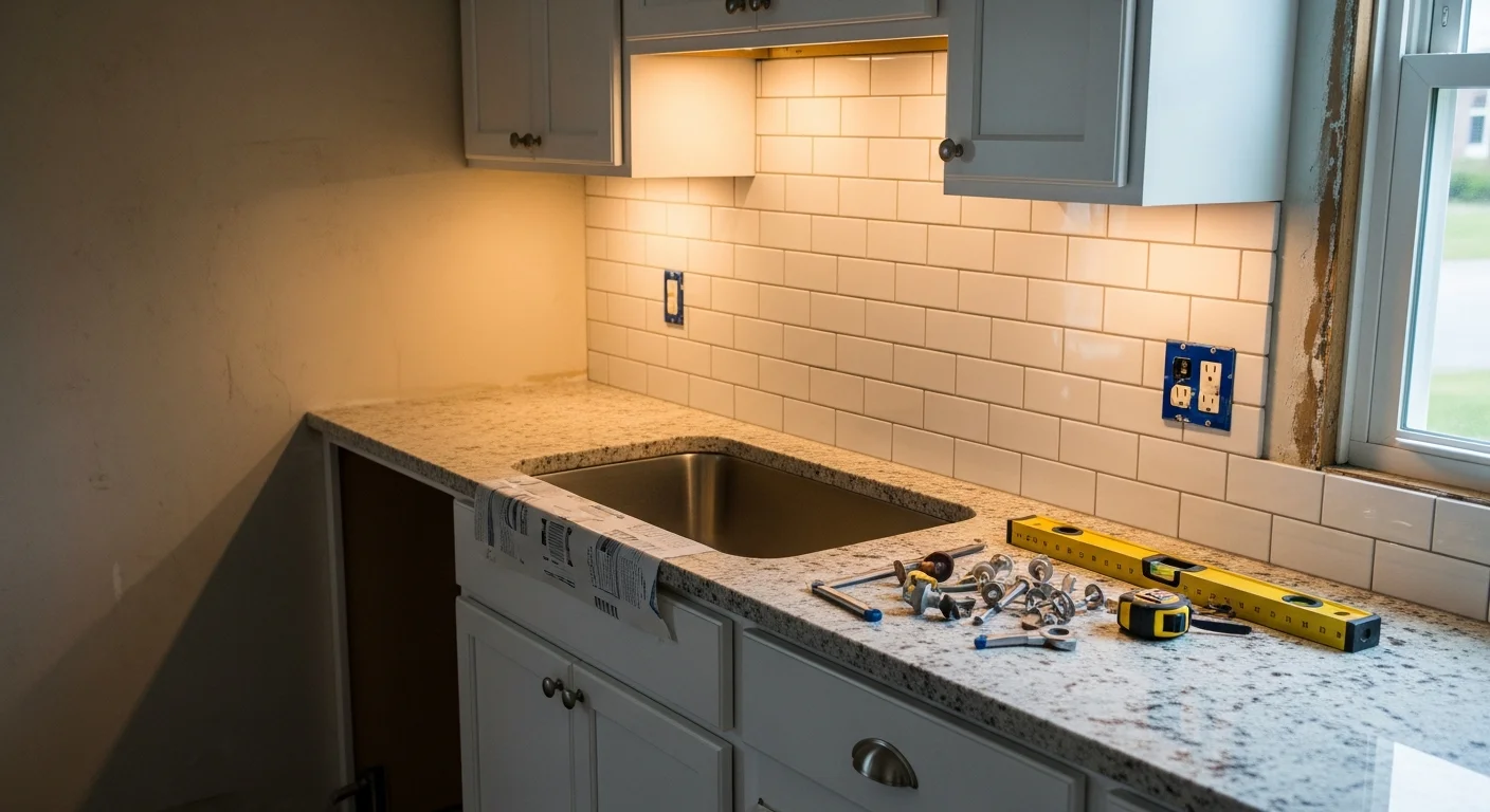 Newly remodeled kitchen in a Beloit, Wisconsin home showing updated white shaker cabinets, stone countertops, and recessed lighting over a center island. The space replaces a dated layout common in older Beloit residential properties.