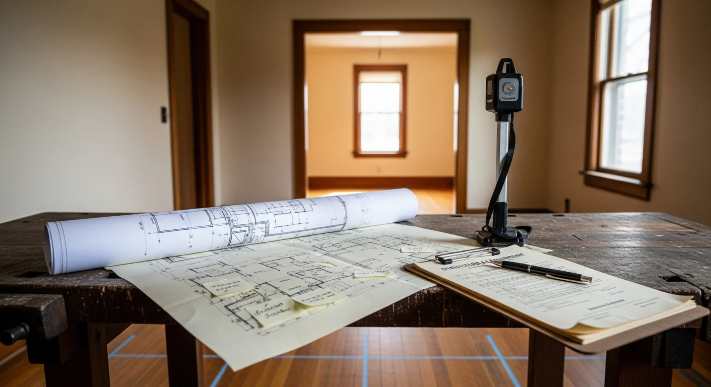 A Techos Contracting remodeling consultant reviewing a floor plan with a Beloit homeowner inside an older single-family home. The consultation takes place in a main living area with original mid-century construction details visible.