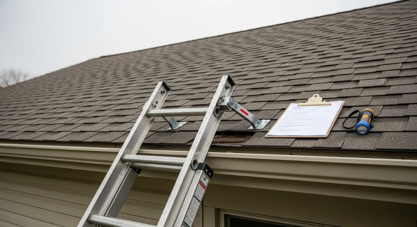 A roofing contractor from Techos Contracting inspecting shingles and flashing on a residential home in Beloit, Wisconsin. Close-up view of the roof surface showing the inspection process on a typical single-family home.