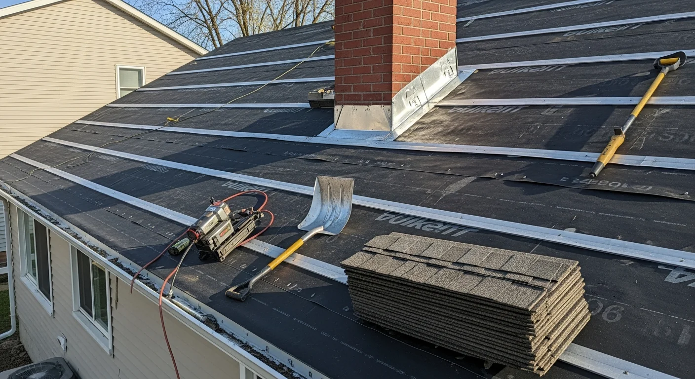 A newly installed residential roof on a Beloit, Wisconsin home, showing clean shingle lines, sealed ridge venting, and step flashing along a side wall. The surrounding neighborhood reflects the older housing stock common throughout Rock County.