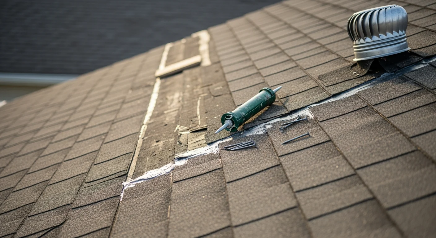 A Techos Contracting crew member repairing damaged shingles and flashing on a residential roof in Beloit, Wisconsin. Close-up view shows lifted shingles being secured along the roof edge after storm damage.