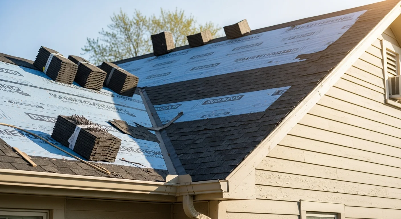 A Beloit single-family home with a completed roof replacement showing clean, uniform shingles and new ridge cap installed by Techos Contracting. The finished roof covers a two-story residential structure typical of southern Wisconsin housing stock.
