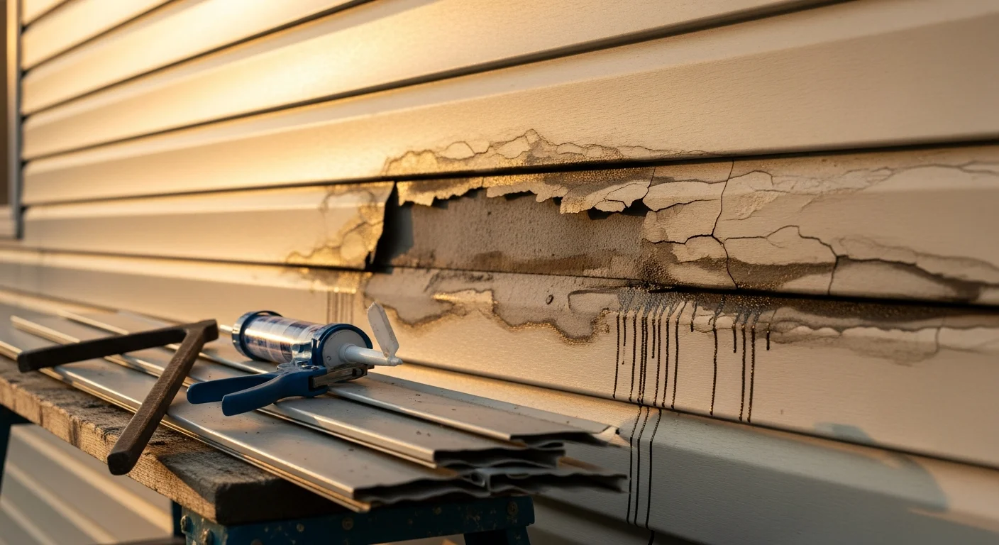 A Techos Contracting crew member inspecting cracked and storm-damaged siding panels on a residential home in Beloit, Wisconsin. Close-up view shows repaired exterior siding with consistent panel alignment along the home's front facade.