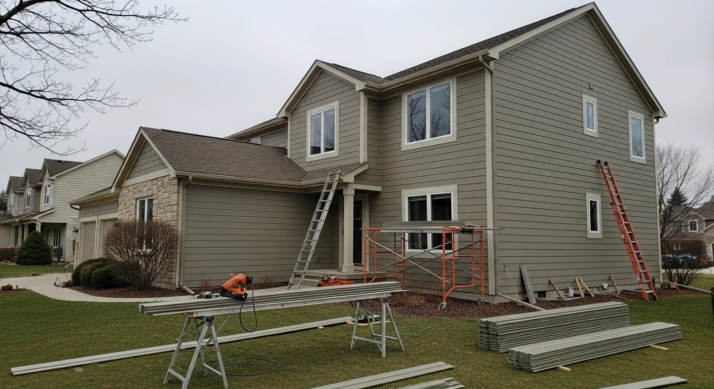 A Beloit single-family home with freshly installed exterior siding, showing clean panel lines, finished trim edges, and a uniform color across the full front facade. The home sits on a residential street typical of Beloit, Wisconsin, with a clear view of the completed exterior work.