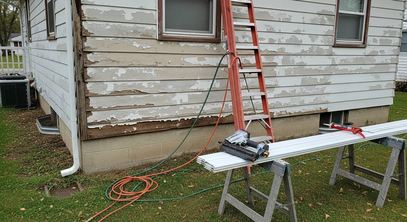 A Techos Contracting crew member repairing cracked exterior siding panels on a single-family home in Beloit, Wisconsin. Repaired sections show clean, flush panel alignment against the surrounding undamaged siding.